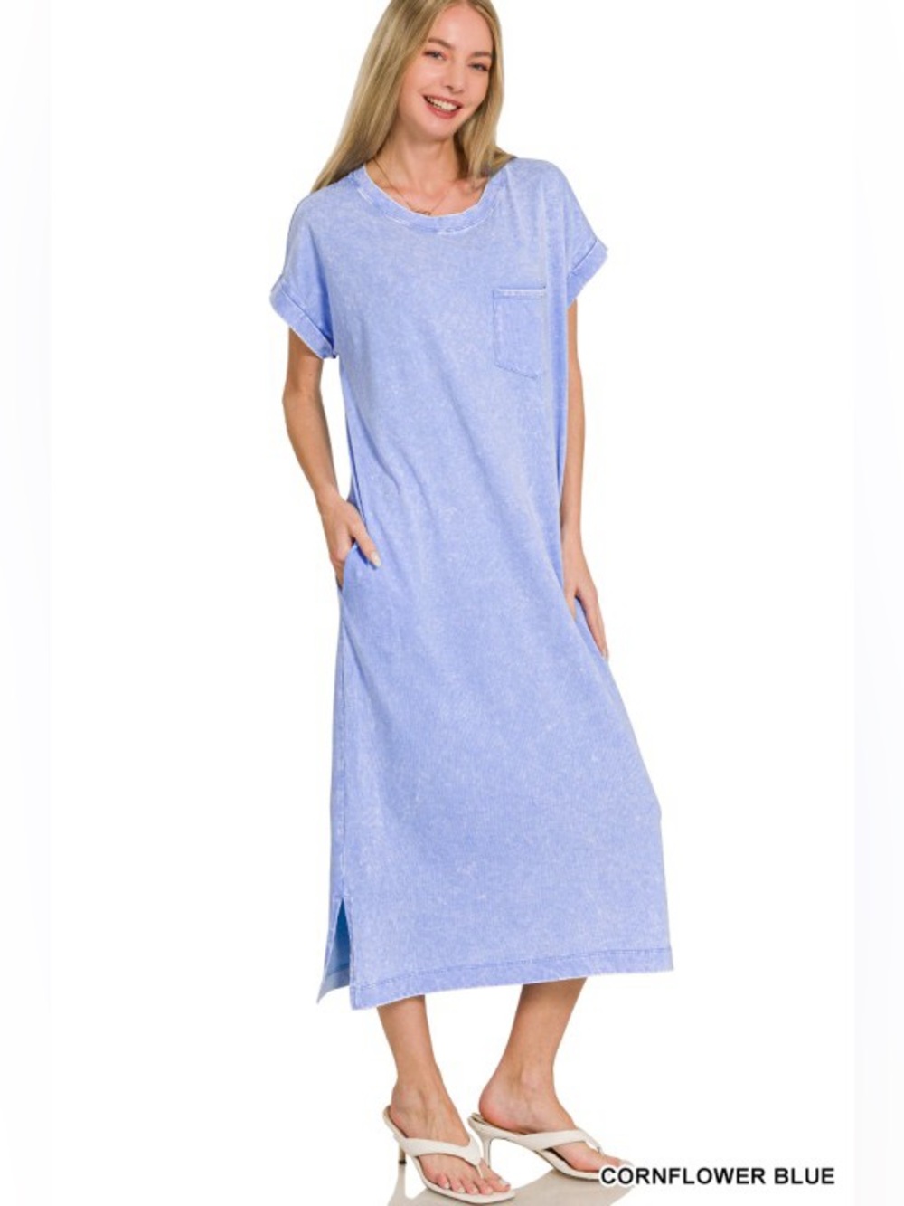 NWT Zenana Cornflower Blue Acid Washed Soft Midi T-Shirt Dress
